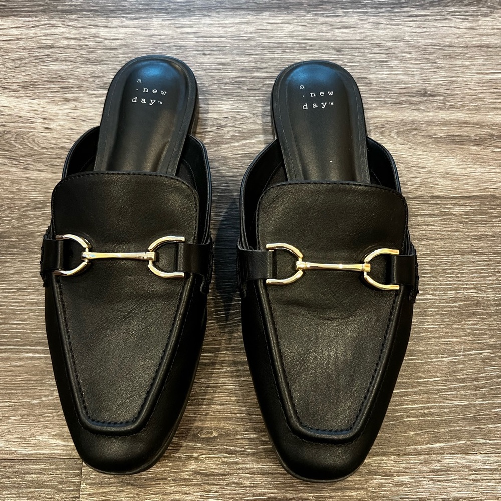 a new day Black Mules with Gold Accent